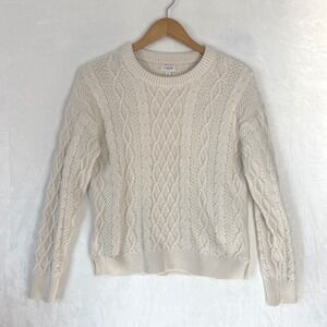 J Crew Womens Cable Knit Chunky Fisherman Crewneck Sweater Cream 100% Cotton Med
